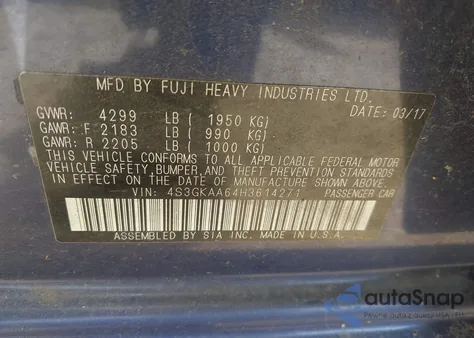 2017 Subaru Impreza 2.0I from USA, damaged, VIN 4S3GKAA64H3614271